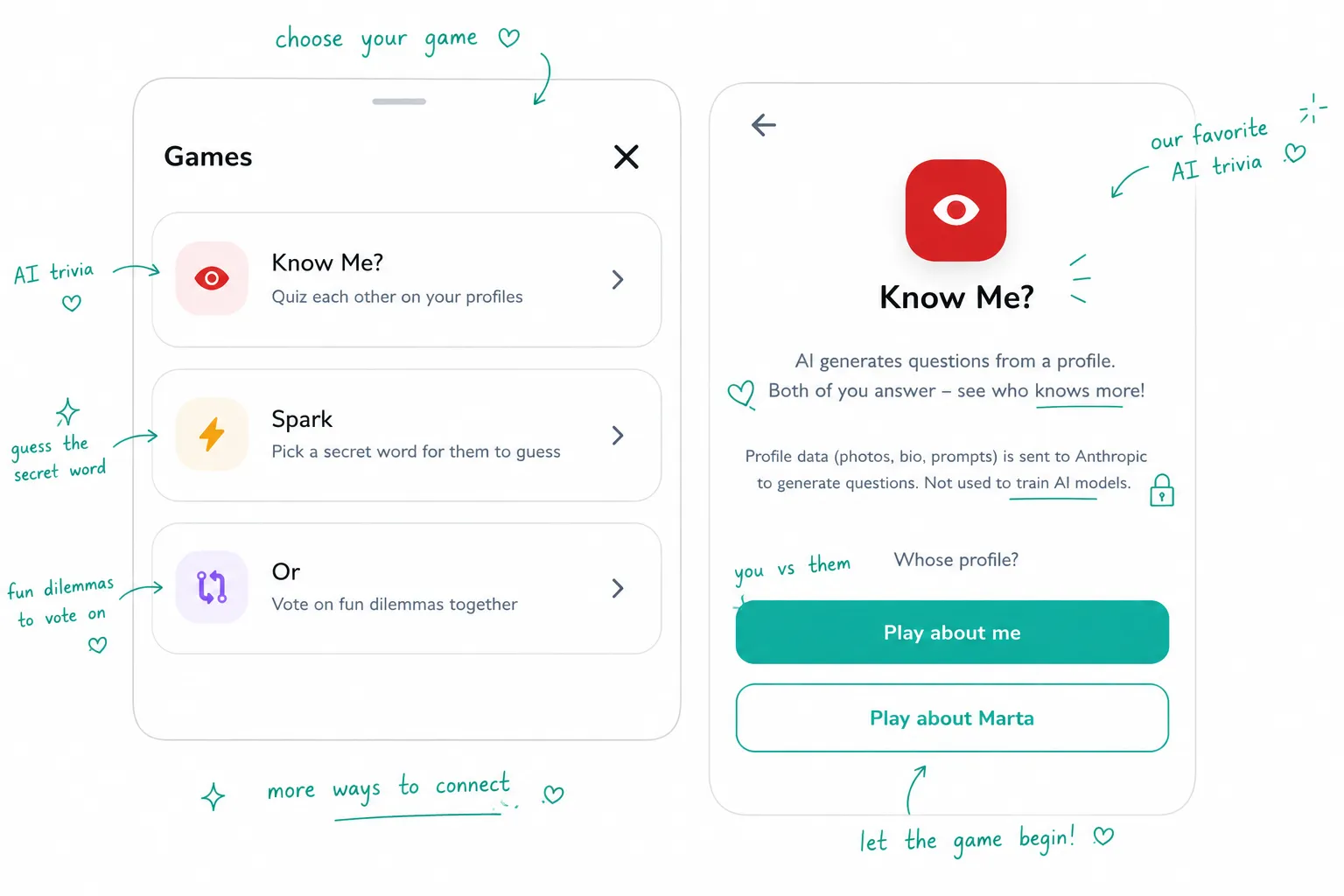 Gereh's in-chat games, Know Me, Spark and Or.