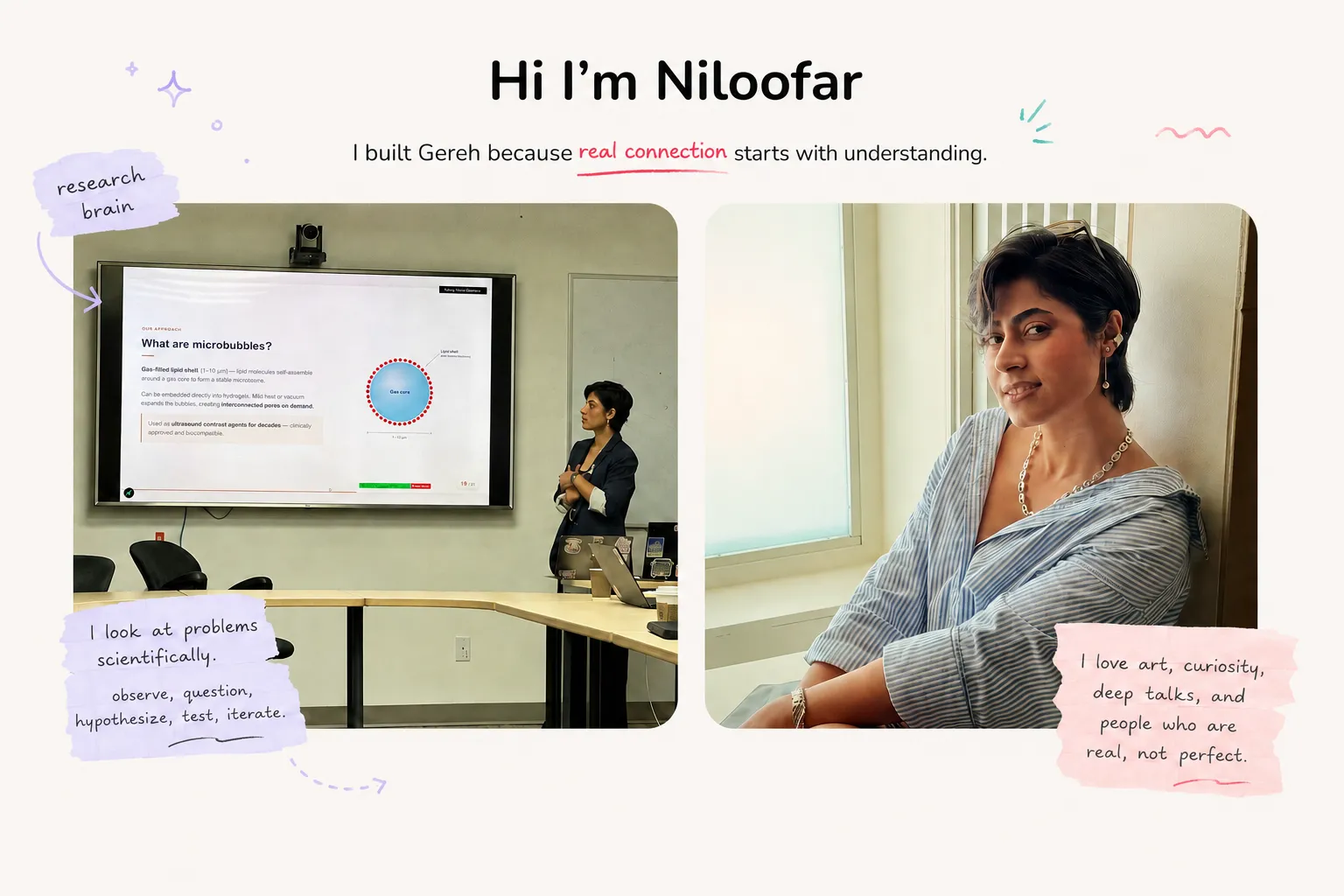 Niloofar, founder of Gereh, presenting her research and in a portrait, with a note: I built Gereh because real connection starts with understanding.