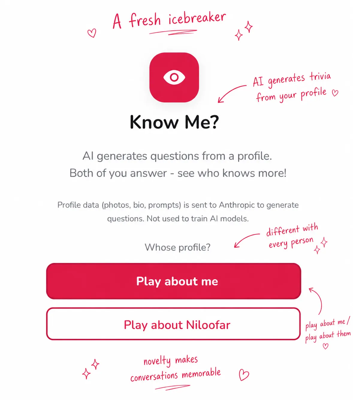 The Know Me game: AI trivia from your two profiles.