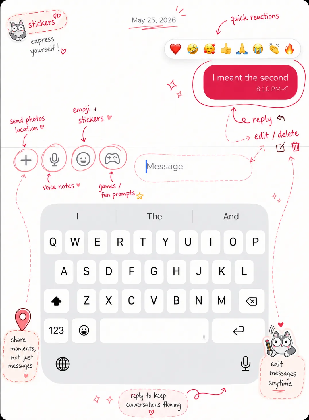 A rich Gereh chat: stickers, reactions, voice notes, and replies.