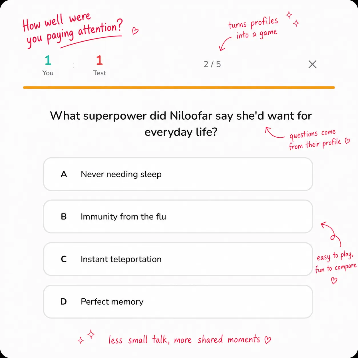 A Know Me trivia question built from a profile, with answer options.